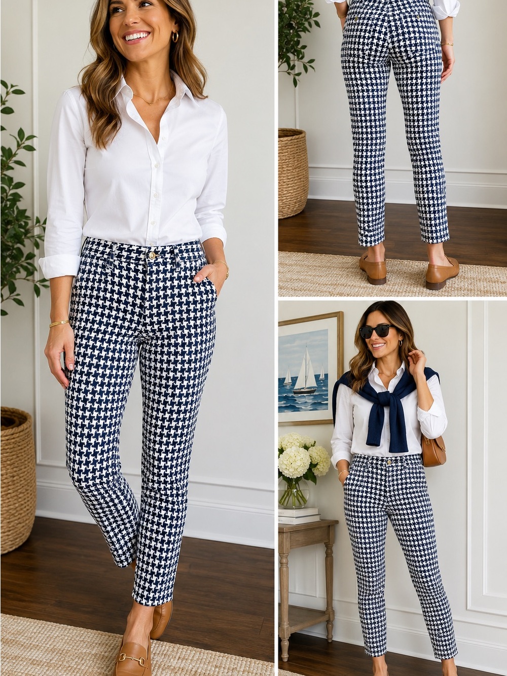 J. McLaughlin Navy & White Houndstooth Slim Ankle Pants